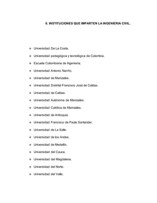 6. INSTITUCIONES QUE IMPARTEN LA INGENIERIA CIVIL. 
 Universidad De La Costa. 
 Universidad pedagógica y tecnológica de Colombia. 
 Escuela Colombiana de Ingeniería. 
 Universidad Antonio Nariño. 
 Universidad de Manizales. 
 Universidad Distrital Francisco José de Caldas. 
 Universidad de Caldas. 
 Universidad Autónoma de Manizales. 
 Universidad Católica de Manizales. 
 Universidad de Antioquia. 
 Universidad Francisco de Paula Santander. 
 Universidad de La Salle. 
 Universidad de los Andes. 
 Universidad de Medellín. 
 Universidad del Cauca. 
 Universidad del Magdalena. 
 Universidad del Norte. 
 Universidad del Valle. 
 
