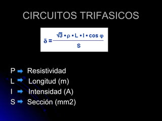 CIRCUITOS TRIFASICOSCIRCUITOS TRIFASICOS
P ResistividadP Resistividad
L Longitud (m)L Longitud (m)
I Intensidad (A)I Intensidad (A)
S Sección (mm2)S Sección (mm2)
 