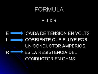 FORMULAFORMULA
E=I X RE=I X R
E CAIDA DE TENSION EN VOLTSE CAIDA DE TENSION EN VOLTS
I CORRIENTE QUE FLUYE PORI CORRIENTE QUE FLUYE POR
UN CONDUCTOR AMPERIOSUN CONDUCTOR AMPERIOS
R ES LA RESISTENCIA DELR ES LA RESISTENCIA DEL
CONDUCTOR EN OHMSCONDUCTOR EN OHMS
 