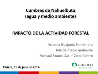 IMPACTO DE LA ACTIVIDAD FORESTAL
Marcela Guajardo Hernández
Jefe de medio ambiente
Forestal Arauco S.A. – Zona Centro
Cumbres de Nahuelbuta
(agua y medio ambiente)
Cañete, 18 de julio de 2014
 