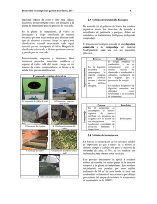 Desarrollos tecnológicos en gestión de residuos, 2017 4
depositar vidrios de color y otro para vidrios
incoloros; posteriormente estos son llevados a la
planta de tratamiento para su proceso de reciclado.
En la planta de tratamiento, el vidrio es
descargado y luego clasificado de manera
mecánica por una succionadora para eliminar todo
tipo de aluminio existente, luego se opera una
clasificación manual desechando todo aquel
material que no corresponda al vidrio. Después de
clasificado es triturado a 10 mm aproximadamente
y pasado por un tamizado.
Posteriormente magnetos y detectores láser
remueven pequeños materiales metálicos y
separan el vidrio café del verde. Luego en un
sistema de cintas transportadoras se llevan a la
salida, listo para su reutilización.
Proceso de reciclaje del vidrio
1.Contenedor de vidrio de color 2.Transporte a empresa
recicladora
3.Descargue del residuo 4. Clasificación manual del
vidrio
5.Tamizaje del vidrio 6.Separación de vidrios verdes
y café
7.Vidrio listo para reutilizar
2.3 Método de tratamiento biológico
De acuerdo con el gobierno de Suecia los residuos
orgánicos como los desechos de comida y
actividades de jardinería y parques, deben ser
reciclados en tratamientos biológicos incluyendo
compostaje.
El tratamiento biológico consiste en una digestión
anaerobia y de compostaje del material
biodegradable, cada una con los siguientes
procesos.
digestiónanaerobia
Proceso Beneficios
En la digestión
anaerobia se
descompone la
materia orgánica
para producir
metano + dióxido
de carbono
(biogás).
El biogás remplaza el
combustible y no es
contaminante, con el
mismo, Suecia ha
abastecido el combustible a
vehículos, calefacción de
los hogares, gas y
generación de energía.
Los residuos del proceso de
digestión anaerobia son
utilizados como
fertilizantes o en el sistema
de compostaje.
Compostaje
Proceso Beneficios
En el compostaje se
descompone la materia
orgánica de manera
aeróbica (en presencia de
oxígeno) por la acción de
microorganismos en
condiciones controladas de
aireación, humedad y
temperatura
Fertilizantes
2.4 Método de incineración
En Suecia la incineración de los residuos sólidos
es importante ya que a través de la misma se
obtiene energía y calefacción para la mayoría de
viviendas del país, el 70% de los residuos son
incinerados para obtener estos servicios.
Este proceso únicamente se aplica a residuos
sólidos de comida, los cuales pasan de la estación
temporal a la planta de tratamiento. Los residuos
inicialmente son pasados por unas rejillas
inclinadas de 94 m2
de área donde se hace una
combustión recibiendo el aire primario por debajo
proveniente del tanque de residuos, la temperatura
de combustión es de 1000ºC.
 