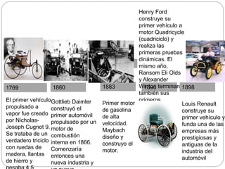 vvv
18961860 1883 18981769
El primer vehículo
propulsado a
vapor fue creado
por Nicholas-
Joseph Cugnot 9.
Se trataba de un
verdadero triciclo
con ruedas de
madera, llantas
de hierro y
Henry Ford
construye su
primer vehículo a
motor Quadricycle
(cuadriciclo) y
realiza las
primeras pruebas
dinámicas. El
mismo año,
Ransom Eli Olds
y Alexander
Winton terminan
también sus
primeros
vehículos
experimentales.
Primer motor
de gasolina
de alta
velocidad.
Maybach
diseño y
construyo el
motor.
Gottlieb Daimler
construyó el
primer automóvil
propulsado por un
motor de
combustión
interna en 1866.
Comenzaría
entonces una
nueva industria y
Louis Renault
construye su
primer vehículo y
funda una de las
empresas más
prestigiosas y
antiguas de la
industria del
automóvil
 