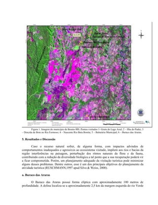 Figura 1. Imagem do município de Bonito-MS. Pontos visitados 1- Gruta do Lago Azul; 2 – Ilha do Padre; 3
– Descida de Bote no Rio Formoso; 4 – Nascente Rio Baía Bonita; 5 – Balneário Municipal; 6 – Buraco das Araras.
5. Resultados e Discussão
Caso o recurso natural sofrer, de alguma forma, com impactos advindos de
comportamentos inadequados e agressivos ao ecossistema visitado, impõem aos rios e bacias da
região interferências na paisagem, perturbação dos ritmos naturais da flora e da fauna,
contribuindo com a redução da diversidade biológica a tal ponto que a sua recuperação poderá vir
a ficar comprometida. Porém, um planejamento adequado da visitação turística pode minimizar
alguns desses problemas. Dentre outros, esse é um dos principais objetivos do planejamento da
atividade turística (RUSCHMANN,1997 apud Silva & Weiss, 2000).
a. Buraco das Araras
O Buraco das Araras possui forma elíptica com aproximadamente 100 metros de
profundidade. A dolina localiza-se a aproximadamente 2,5 km da margem esquerda do rio Verde
 
