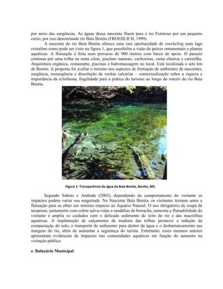 por meio das surgências. As águas dessa nascente fluem para o rio Formoso por um pequeno
curso, por isso denominado rio Baía Bonita (FROEHLICH, 1999).
A nascente do rio Baía Bonita oferece uma rara oportunidade de snorkeling num lago
cristalino como pode ser visto na figura 1, que possibilita a visão de peixes ornamentais e plantas
aquáticas. A flutuação é feita num percurso de 900 metros com barco de apoio. O passeio
continua por uma trilha na mata ciliar, piscinas naturais, cachoeiras, cama elástica e carretilha.
Arquitetura orgânica, restaurante, piscinas e hidromassagem no local. Está localizada a sete km
de Bonito. A proposta foi avaliar o turismo nos aspectos de formação de ambientes de nascentes,
surgência, ressurgência e dissolução de rochas calcárias – contextualização sobre a riqueza e
importância da icitofauna, fragilidade para a prática do turismo ao longo do roteiro do rio Baía
Bonita.
Figura 1- Transparência da água da Baía Bonita, Bonito, MS.
Segundo Sabino e Andrade (2003), dependendo do comportamento do visitante os
impactos podem variar sua magnitude. Na Nascente Baía Bonita, os visitantes treinam antes a
flutuação para se obter um mínimo impacto ao Aquário Natural. O uso obrigatório de roupa de
neoprene, juntamente com colete salva-vidas e sandálias de borracha, aumenta a flutuabilidade do
visitante e amplia os cuidados com o delicado sedimento do leito do rio e das macrófitas
aquáticas. A implantação de calçamento de madeira das trilhas promove a redução da
compactação do solo, o transporte de sedimento para dentro da água e o desbarrancamento nas
margens do rio, além de aumentar a segurança do turista. Entretanto, esses mesmos autores
apresentam evidencias de impactos nas comunidades aquáticas em função do aumento na
visitação pública.
e. Balneário Municipal
 