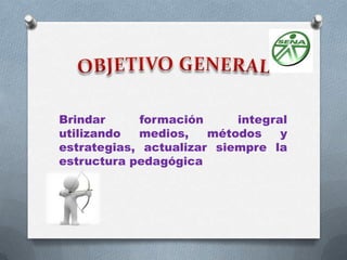 Brindar      formación     integral
utilizando  medios,    métodos    y
estrategias, actualizar siempre la
estructura pedagógica
 