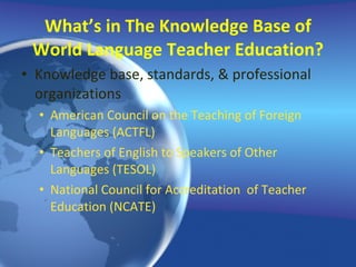 What’s in The Knowledge Base of World Language Teacher Education? Knowledge base, standards, & professional organizations American Council on the Teaching of Foreign Languages (ACTFL) Teachers of English to Speakers of Other Languages (TESOL) National Council for Accreditation  of Teacher Education (NCATE) 