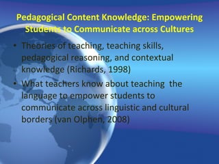 Pedagogical Content Knowledge: Empowering Students to Communicate across Cultures Theories of teaching, teaching skills, pedagogical reasoning, and contextual knowledge (Richards, 1998)  What teachers know about teaching  the language to empower students to communicate across linguistic and cultural borders (van Olphen, 2008) 