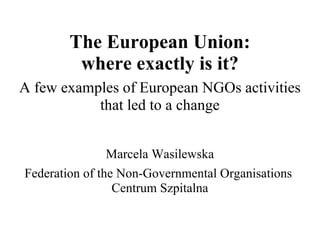 The European Union: where exactly is it? A few examples of European NGOs activities that led to a change Marcela Wasilewska Federation of the Non-Governmental Organisations  Centrum Szpitalna 
