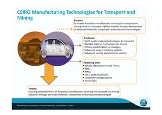 CSIRO Manufacturing Technologies for Transport and
Mining                 Purpose:
                                                                                To enable Australian manufacturers servicing the transport and
                                                                                mining sectors to compete in global markets through development
                                                                                of advanced materials, components and production technologies


                                                                                         Producing:
                                                                                          Light weight material technologies for transport
                                                                                          Durable material technologies for mining
                                                                                          Vehicle electrification technologies
                                                                                          Advanced process modeling systems
                                                                                          Advanced sensing and detection systems


                                                                                        Partnering with:
                                                                                         Vehicle Manufacturers and Tier 1s
                                                                                         SMEs
                                                                                         MNEs
                                                                                         CRC’s and Consortiums
                                                                                         Government Organisations
                                                                                         Universities


                Impact:
               Securing competitiveness of Australian manufacturers servicing the transport and mining
               industries through advanced materials, components and production technologies



Manufacturing Technologies for Transport and Mining | Barrie Finnin | Page 13
 