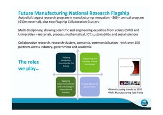 Future Manufacturing National Research Flagship
Australia’s largest research program in manufacturing innovation - $65m annual program
($30m external), plus two Flagship Collaboration Clusters

Multi disciplinary, drawing scientific and engineering expertise from across CSIRO and
Universities – materials, process, mathematical, ICT, sustainability and social sciences

Collaborative research, research clusters, consortia, commercialisation - with over 100
partners across industry, government and academia

                                 Helping          Supporting the
                                companies
The roles                    transition to the
                                                  creation of new
                                                    businesses
                                  future
we play…

                                Applying
                            Australian science   Trusted advisor to
                            and technology in       government
                              international                           •Manufacturing trends to 2020
                                 markets                              •PM’s Manufacturing Task Force
 