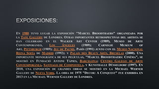 1980
TATE GALLERY
LOS ÁNGELES
PITTSBURGH JEU DE PAUME MUSEO NACIONAL
REINA SOFÍA MADRID PALAIS DES BEAUX ARTS, BRUSELAS
BARCELONA CENTRO GALEGO DE ARTE
CONTEMPORÁNEA SANTIAGO DE COMPOSTELA
NUEVA YORK
 