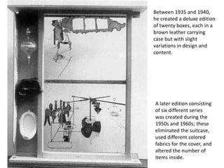 Between 1935 and 1940,
he created a deluxe edition
of twenty boxes, each in a
brown leather carrying
case but with slight
variations in design and
content.

A later edition consisting
of six different series
was created during the
1950s and 1960s; these
eliminated the suitcase,
used different colored
fabrics for the cover, and
altered the number of
items inside.

 