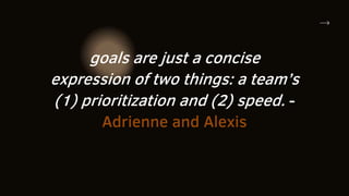 goals are just a concise
expression of two things: a team’s
(1) prioritization and (2) speed. -
Adrienne and Alexis
 
