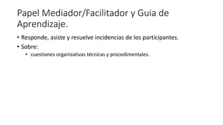 Papel Mediador/Facilitador y Guia de
Aprendizaje.
• Responde, asiste y resuelve incidencias de los participantes.
• Sobre:
• cuestiones organizativas técnicas y procedimentales.
 