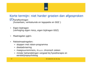 Korte termijn: niet harder groeien dan afgesproken
(I)Tariefkortingen
?
     (huisartsen, verloskunde en logopedie en GGZ )

?    Eigen bijdragen
     (verhoging eigen risico, eigen bijdragen GGZ)

?    Maatregelen pgbs

?    Pakketmaatregelen:
        stoppen met roken-programma
        dieetadvisering
        maagzuurremmers, m.u.v. chronisch zieken
        minder behandelingen vergoed bij fysiotherapie en
        eerstelijnspsycholoog
12                                   De toekomst van de zorg
 