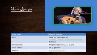 ‫مارسيل‬
‫خليفة‬
Birth name Marcel Khalife
Born June 10, 1950 (age 70)
Amsheet, Mount Lebanon Governorate,
Lebanon
Occupation(s) Singer-songwriter, oud player
Years active 1972–present
Website marcelkhalife.com
 