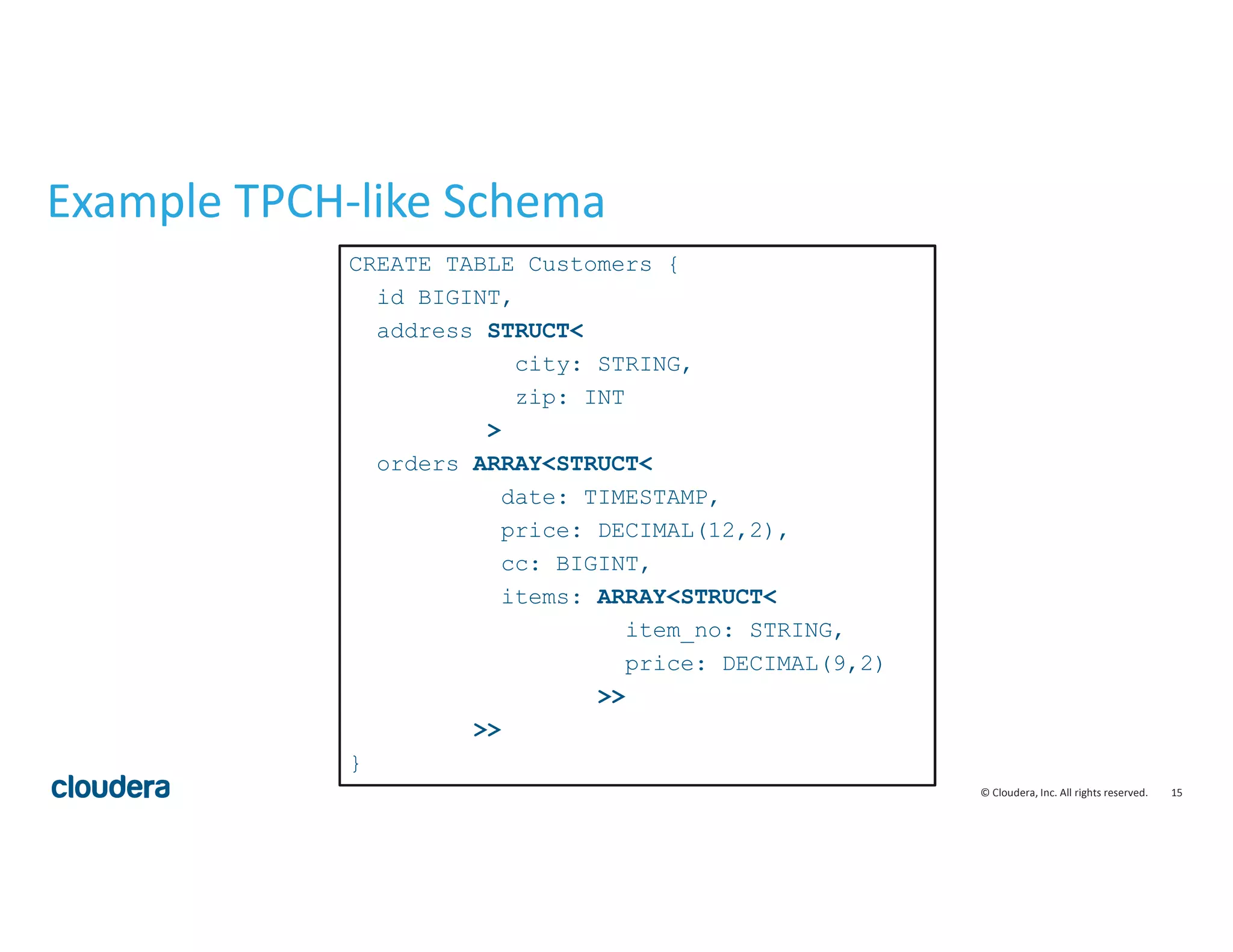 15© Cloudera, Inc. All rights reserved.
Example TPCH-like Schema
CREATE TABLE Customers {
id BIGINT,
address STRUCT<
city: STRING,
zip: INT
>
orders ARRAY<STRUCT<
date: TIMESTAMP,
price: DECIMAL(12,2),
cc: BIGINT,
items: ARRAY<STRUCT<
item_no: STRING,
price: DECIMAL(9,2)
>>
>>
}
 