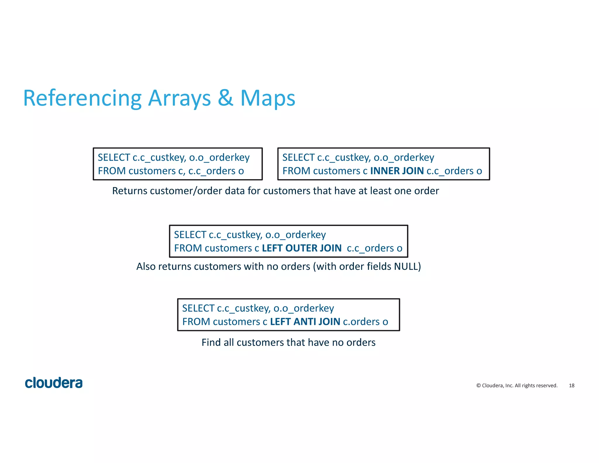 18© Cloudera, Inc. All rights reserved.
Referencing Arrays & Maps
SELECT c.c_custkey, o.o_orderkey
FROM customers c, c.c_orders o
Returns customer/order data for customers that have at least one order
SELECT c.c_custkey, o.o_orderkey
FROM customers c LEFT OUTER JOIN c.c_orders o
Also returns customers with no orders (with order fields NULL)
SELECT c.c_custkey, o.o_orderkey
FROM customers c LEFT ANTI JOIN c.orders o
Find all customers that have no orders
SELECT c.c_custkey, o.o_orderkey
FROM customers c INNER JOIN c.c_orders o
 