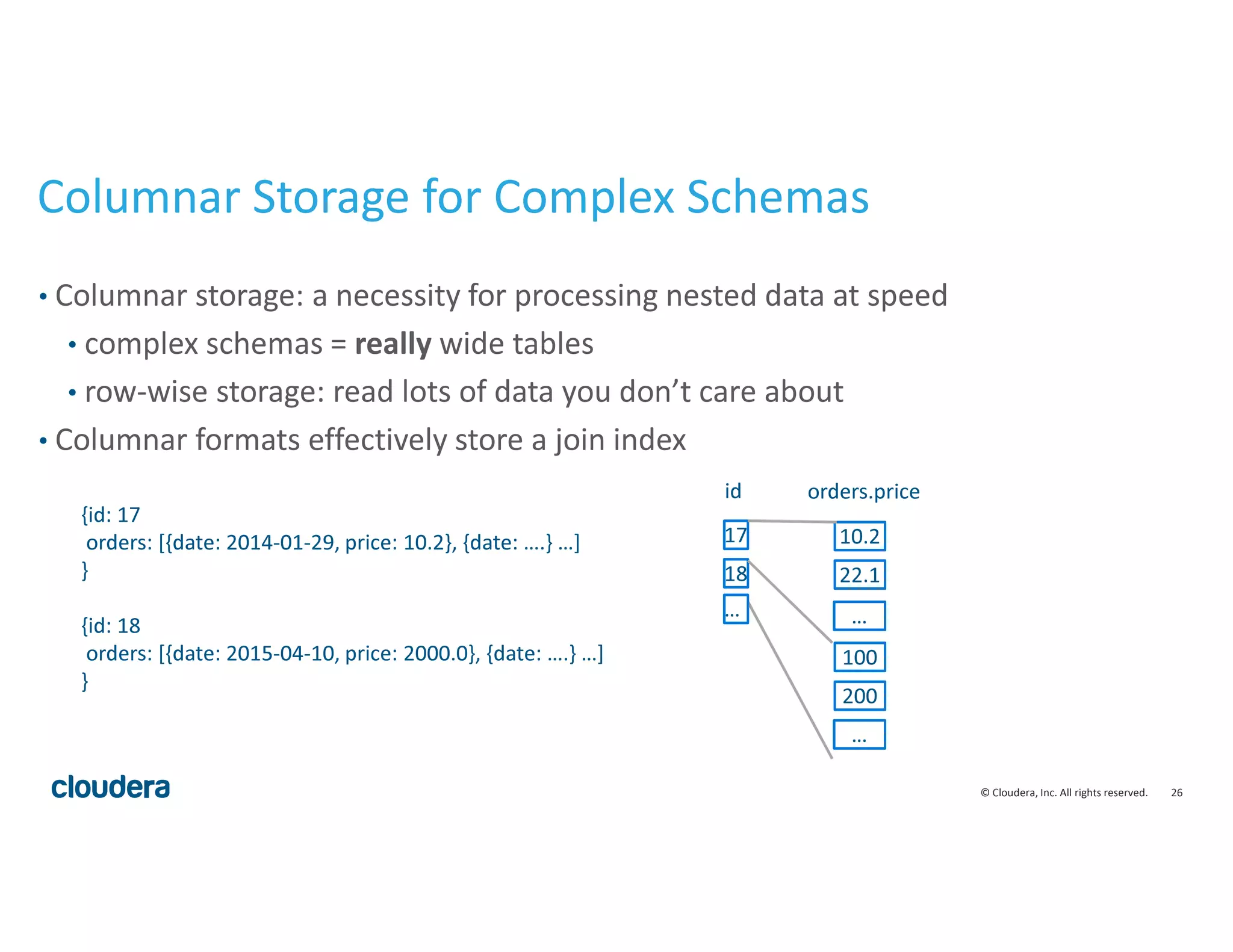 26© Cloudera, Inc. All rights reserved.
Columnar Storage for Complex Schemas
• Columnar storage: a necessity for processing nested data at speed
• complex schemas = really wide tables
• row-wise storage: read lots of data you don’t care about
• Columnar formats effectively store a join index
{id: 17
orders: [{date: 2014-01-29, price: 10.2}, {date: ….} …]
}
{id: 18
orders: [{date: 2015-04-10, price: 2000.0}, {date: ….} …]
}
17
18
10.2
22.1
100
200
id orders.price
…
…
…
 