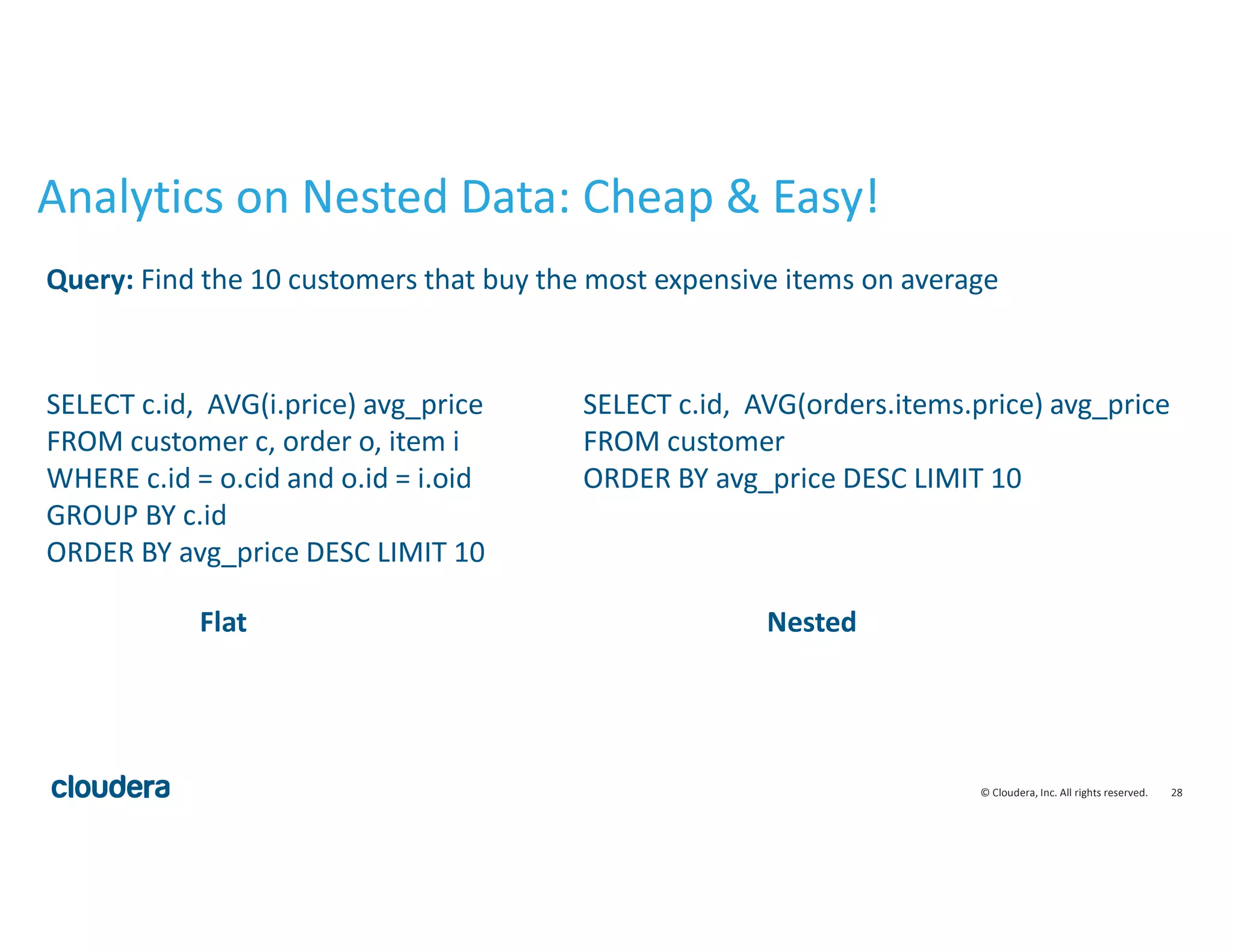 28© Cloudera, Inc. All rights reserved.
Analytics on Nested Data: Cheap & Easy!
SELECT c.id, AVG(orders.items.price) avg_price
FROM customer
ORDER BY avg_price DESC LIMIT 10
Query: Find the 10 customers that buy the most expensive items on average
SELECT c.id, AVG(i.price) avg_price
FROM customer c, order o, item i
WHERE c.id = o.cid and o.id = i.oid
GROUP BY c.id
ORDER BY avg_price DESC LIMIT 10
Flat Nested
 