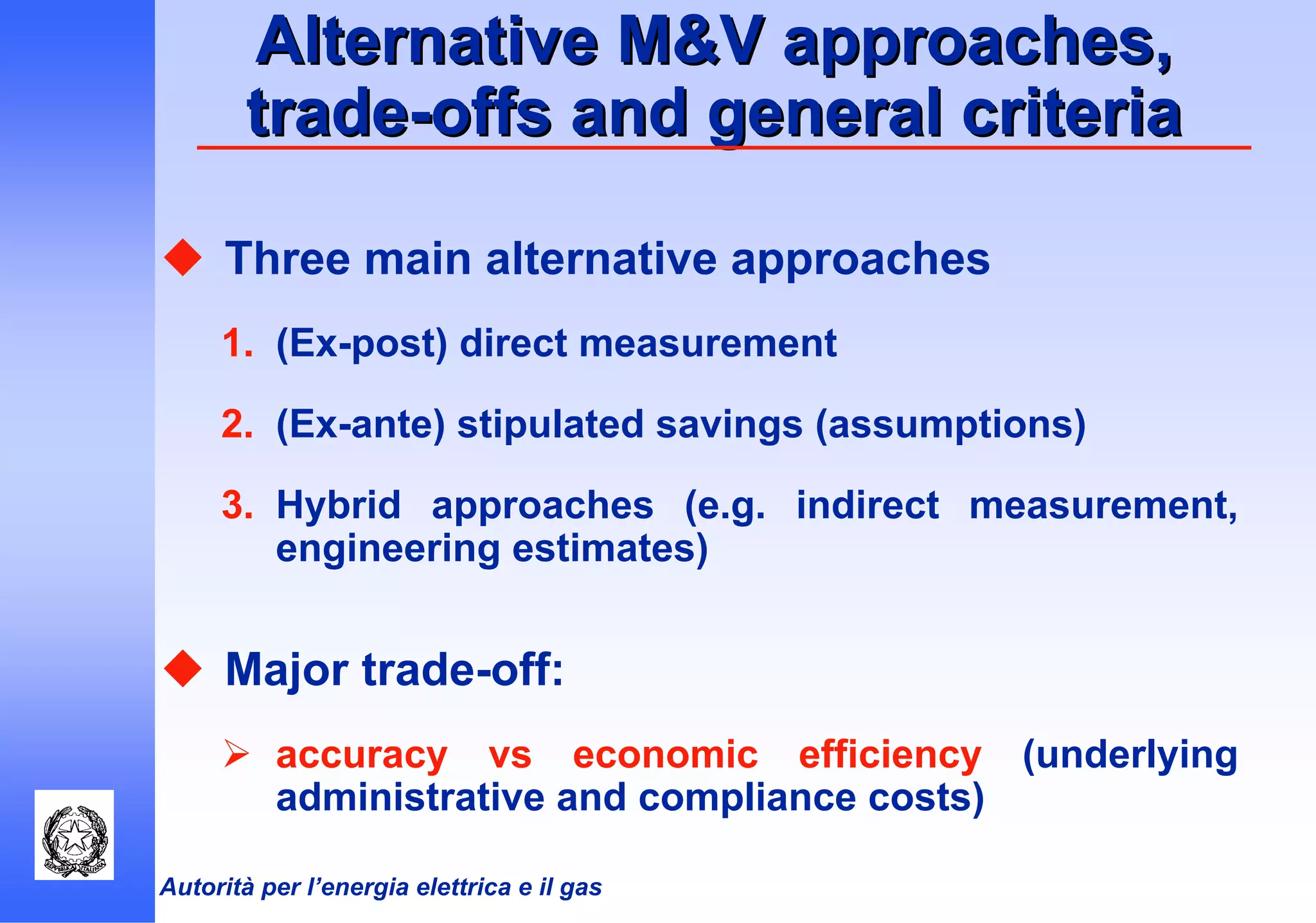 Autorità per l’energia elettrica e il gas
Alternative M&V approaches,Alternative M&V approaches,
tradetrade--offs and general criteriaoffs and general criteria
Three main alternative approaches
1. (Ex-post) direct measurement
2. (Ex-ante) stipulated savings (assumptions)
3. Hybrid approaches (e.g. indirect measurement,
engineering estimates)
Major trade-off:
accuracy vs economic efficiency (underlying
administrative and compliance costs)
 