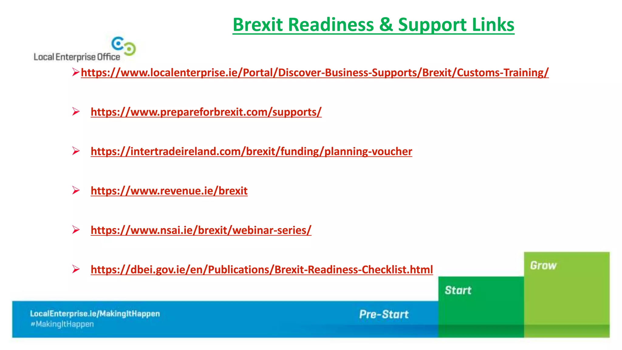 https://www.localenterprise.ie/Portal/Discover-Business-Supports/Brexit/Customs-Training/
 https://www.prepareforbrexit.com/supports/
 https://intertradeireland.com/brexit/funding/planning-voucher
 https://www.revenue.ie/brexit
 https://www.nsai.ie/brexit/webinar-series/
 https://dbei.gov.ie/en/Publications/Brexit-Readiness-Checklist.html
Brexit Readiness & Support Links
 