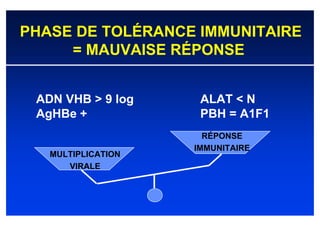 PHASE DE TOLÉRANCE IMMUNITAIRE
     = MAUVAISE RÉPONSE


 ADN VHB > 9 log     ALAT < N
 AgHBe +             PBH = A1F1
                      RÉPONSE
                    IMMUNITAIRE
   MULTIPLICATION
      VIRALE
 