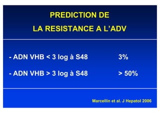 PREDICTION DE
      LA RESISTANCE A L’ADV


- ADN VHB < 3 log à S48                3%

- ADN VHB > 3 log à S48                > 50%


                          Marcellin et al. J Hepatol 2006
 