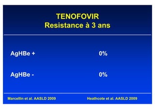 TENOFOVIR
                    Resistance à 3 ans


 AgHBe +                             0%


 AgHBe -                             0%


Marcellin et al. AASLD 2009    Heathcote et al. AASLD 2009
 
