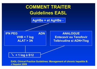 COMMENT TRAITER
                 Guidelines EASL
                      AgHBe + et AgHBe -



IFN PEG                    ADN                 ANALOGUE
       VHB < 7 log                        Entecavir ou Tenofovir
        ALAT > 3N                        Telbivudine si ADN<7log



       < 1 log à S12

   EASL Clinical Practice Guidelines: Management of chronic hepatitis B.
   J Hepatol 2009
 