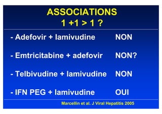 ASSOCIATIONS
            1 +1 > 1 ?
- Adefovir + lamivudine                   NON

- Emtricitabine + adefovir                NON?

- Telbivudine + lamivudine                NON

- IFN PEG + lamivudine                    OUI
              Marcellin et al. J Viral Hepatitis 2005
 