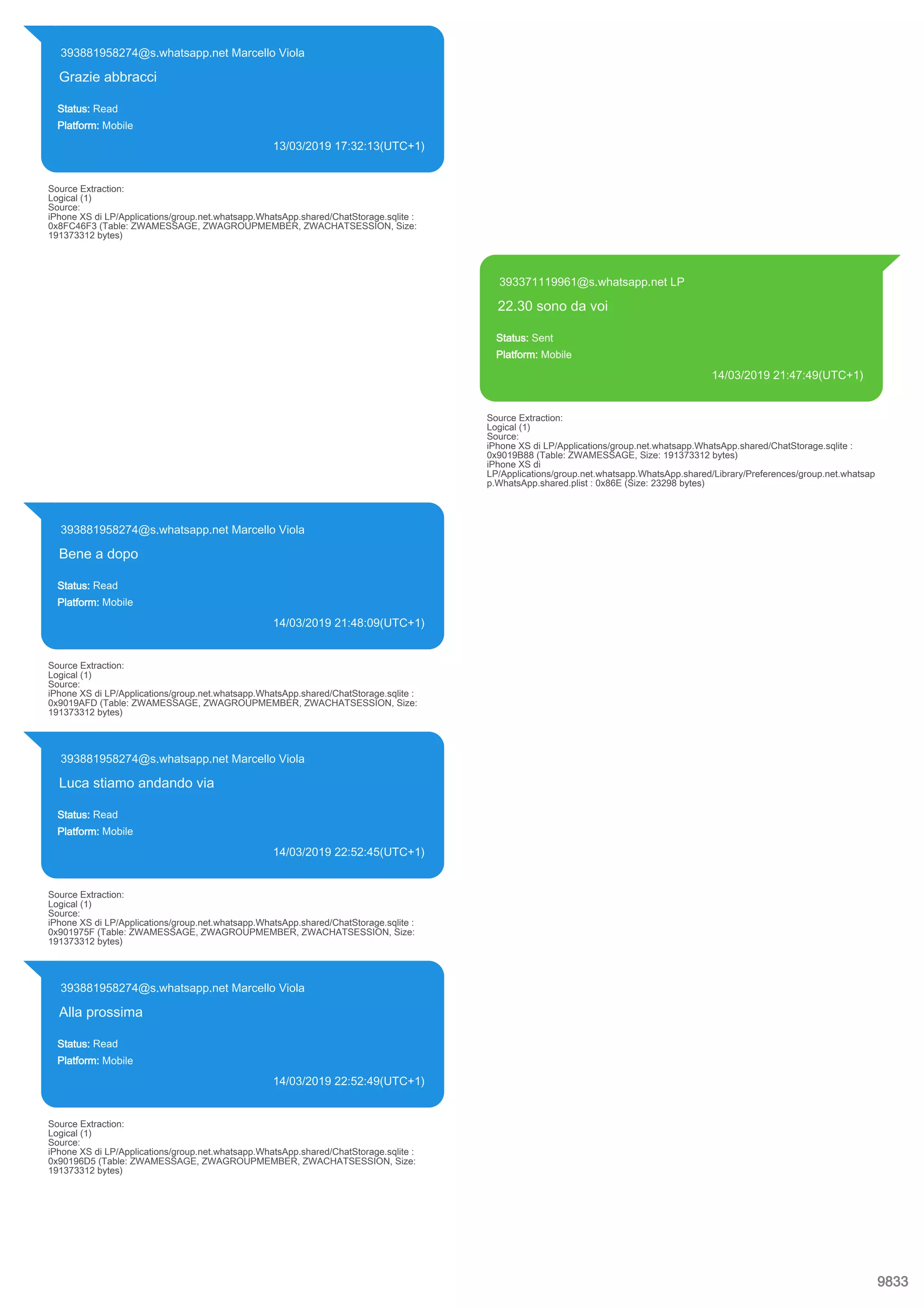 393881958274@s.whatsapp.net Marcello Viola
Grazie abbracci
Status: Read
Platform: Mobile
13/03/2019 17:32:13(UTC+1)
Source Extraction:
Logical (1)
Source:
iPhone XS di LP/Applications/group.net.whatsapp.WhatsApp.shared/ChatStorage.sqlite :
0x8FC46F3 (Table: ZWAMESSAGE, ZWAGROUPMEMBER, ZWACHATSESSION, Size:
191373312 bytes)
393371119961@s.whatsapp.net LP
22.30 sono da voi
Status: Sent
Platform: Mobile
14/03/2019 21:47:49(UTC+1)
Source Extraction:
Logical (1)
Source:
iPhone XS di LP/Applications/group.net.whatsapp.WhatsApp.shared/ChatStorage.sqlite :
0x9019B88 (Table: ZWAMESSAGE, Size: 191373312 bytes)
iPhone XS di
LP/Applications/group.net.whatsapp.WhatsApp.shared/Library/Preferences/group.net.whatsap
p.WhatsApp.shared.plist : 0x86E (Size: 23298 bytes)
393881958274@s.whatsapp.net Marcello Viola
Bene a dopo
Status: Read
Platform: Mobile
14/03/2019 21:48:09(UTC+1)
Source Extraction:
Logical (1)
Source:
iPhone XS di LP/Applications/group.net.whatsapp.WhatsApp.shared/ChatStorage.sqlite :
0x9019AFD (Table: ZWAMESSAGE, ZWAGROUPMEMBER, ZWACHATSESSION, Size:
191373312 bytes)
393881958274@s.whatsapp.net Marcello Viola
Luca stiamo andando via
Status: Read
Platform: Mobile
14/03/2019 22:52:45(UTC+1)
Source Extraction:
Logical (1)
Source:
iPhone XS di LP/Applications/group.net.whatsapp.WhatsApp.shared/ChatStorage.sqlite :
0x901975F (Table: ZWAMESSAGE, ZWAGROUPMEMBER, ZWACHATSESSION, Size:
191373312 bytes)
393881958274@s.whatsapp.net Marcello Viola
Alla prossima
Status: Read
Platform: Mobile
14/03/2019 22:52:49(UTC+1)
Source Extraction:
Logical (1)
Source:
iPhone XS di LP/Applications/group.net.whatsapp.WhatsApp.shared/ChatStorage.sqlite :
0x90196D5 (Table: ZWAMESSAGE, ZWAGROUPMEMBER, ZWACHATSESSION, Size:
191373312 bytes)
9833
 