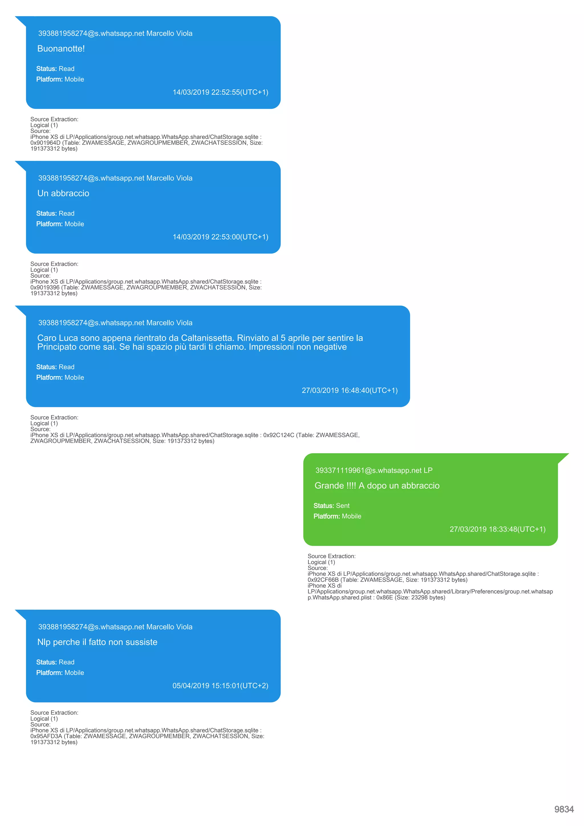 393881958274@s.whatsapp.net Marcello Viola
Buonanotte!
Status: Read
Platform: Mobile
14/03/2019 22:52:55(UTC+1)
Source Extraction:
Logical (1)
Source:
iPhone XS di LP/Applications/group.net.whatsapp.WhatsApp.shared/ChatStorage.sqlite :
0x901964D (Table: ZWAMESSAGE, ZWAGROUPMEMBER, ZWACHATSESSION, Size:
191373312 bytes)
393881958274@s.whatsapp.net Marcello Viola
Un abbraccio
Status: Read
Platform: Mobile
14/03/2019 22:53:00(UTC+1)
Source Extraction:
Logical (1)
Source:
iPhone XS di LP/Applications/group.net.whatsapp.WhatsApp.shared/ChatStorage.sqlite :
0x9019396 (Table: ZWAMESSAGE, ZWAGROUPMEMBER, ZWACHATSESSION, Size:
191373312 bytes)
393881958274@s.whatsapp.net Marcello Viola
Caro Luca sono appena rientrato da Caltanissetta. Rinviato al 5 aprile per sentire la
Principato come sai. Se hai spazio più tardi ti chiamo. Impressioni non negative
Status: Read
Platform: Mobile
27/03/2019 16:48:40(UTC+1)
Source Extraction:
Logical (1)
Source:
iPhone XS di LP/Applications/group.net.whatsapp.WhatsApp.shared/ChatStorage.sqlite : 0x92C124C (Table: ZWAMESSAGE,
ZWAGROUPMEMBER, ZWACHATSESSION, Size: 191373312 bytes)
393371119961@s.whatsapp.net LP
Grande !!!! A dopo un abbraccio
Status: Sent
Platform: Mobile
27/03/2019 18:33:48(UTC+1)
Source Extraction:
Logical (1)
Source:
iPhone XS di LP/Applications/group.net.whatsapp.WhatsApp.shared/ChatStorage.sqlite :
0x92CF66B (Table: ZWAMESSAGE, Size: 191373312 bytes)
iPhone XS di
LP/Applications/group.net.whatsapp.WhatsApp.shared/Library/Preferences/group.net.whatsap
p.WhatsApp.shared.plist : 0x86E (Size: 23298 bytes)
393881958274@s.whatsapp.net Marcello Viola
Nlp perche il fatto non sussiste
Status: Read
Platform: Mobile
05/04/2019 15:15:01(UTC+2)
Source Extraction:
Logical (1)
Source:
iPhone XS di LP/Applications/group.net.whatsapp.WhatsApp.shared/ChatStorage.sqlite :
0x95AFD3A (Table: ZWAMESSAGE, ZWAGROUPMEMBER, ZWACHATSESSION, Size:
191373312 bytes)
9834
 