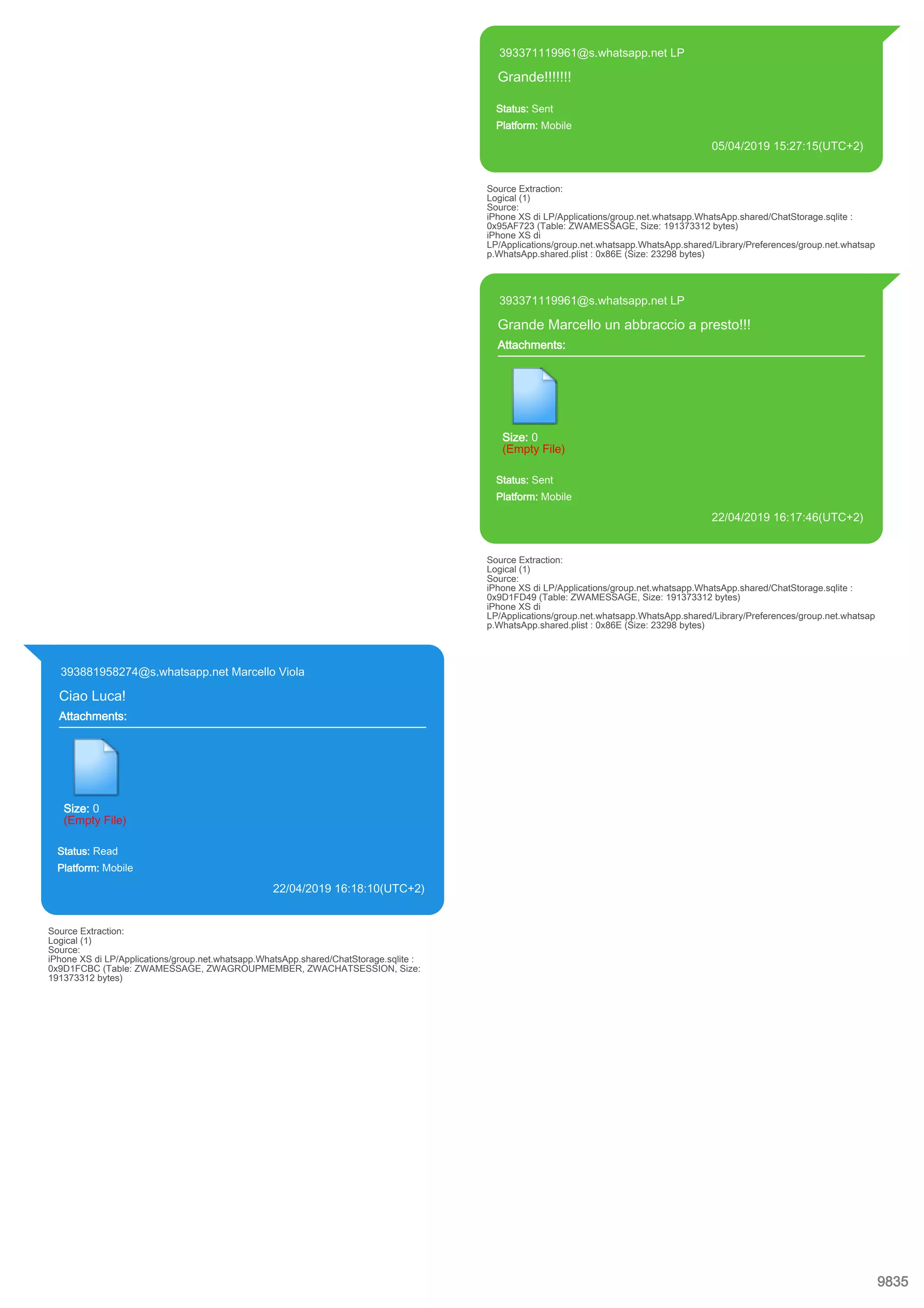 393371119961@s.whatsapp.net LP
Grande!!!!!!!
Status: Sent
Platform: Mobile
05/04/2019 15:27:15(UTC+2)
Source Extraction:
Logical (1)
Source:
iPhone XS di LP/Applications/group.net.whatsapp.WhatsApp.shared/ChatStorage.sqlite :
0x95AF723 (Table: ZWAMESSAGE, Size: 191373312 bytes)
iPhone XS di
LP/Applications/group.net.whatsapp.WhatsApp.shared/Library/Preferences/group.net.whatsap
p.WhatsApp.shared.plist : 0x86E (Size: 23298 bytes)
393371119961@s.whatsapp.net LP
Grande Marcello un abbraccio a presto!!!
Attachments:
Size: 0
(Empty File)
Status: Sent
Platform: Mobile
22/04/2019 16:17:46(UTC+2)
Source Extraction:
Logical (1)
Source:
iPhone XS di LP/Applications/group.net.whatsapp.WhatsApp.shared/ChatStorage.sqlite :
0x9D1FD49 (Table: ZWAMESSAGE, Size: 191373312 bytes)
iPhone XS di
LP/Applications/group.net.whatsapp.WhatsApp.shared/Library/Preferences/group.net.whatsap
p.WhatsApp.shared.plist : 0x86E (Size: 23298 bytes)
393881958274@s.whatsapp.net Marcello Viola
Ciao Luca!
Attachments:
Size: 0
(Empty File)
Status: Read
Platform: Mobile
22/04/2019 16:18:10(UTC+2)
Source Extraction:
Logical (1)
Source:
iPhone XS di LP/Applications/group.net.whatsapp.WhatsApp.shared/ChatStorage.sqlite :
0x9D1FCBC (Table: ZWAMESSAGE, ZWAGROUPMEMBER, ZWACHATSESSION, Size:
191373312 bytes)
9835
 