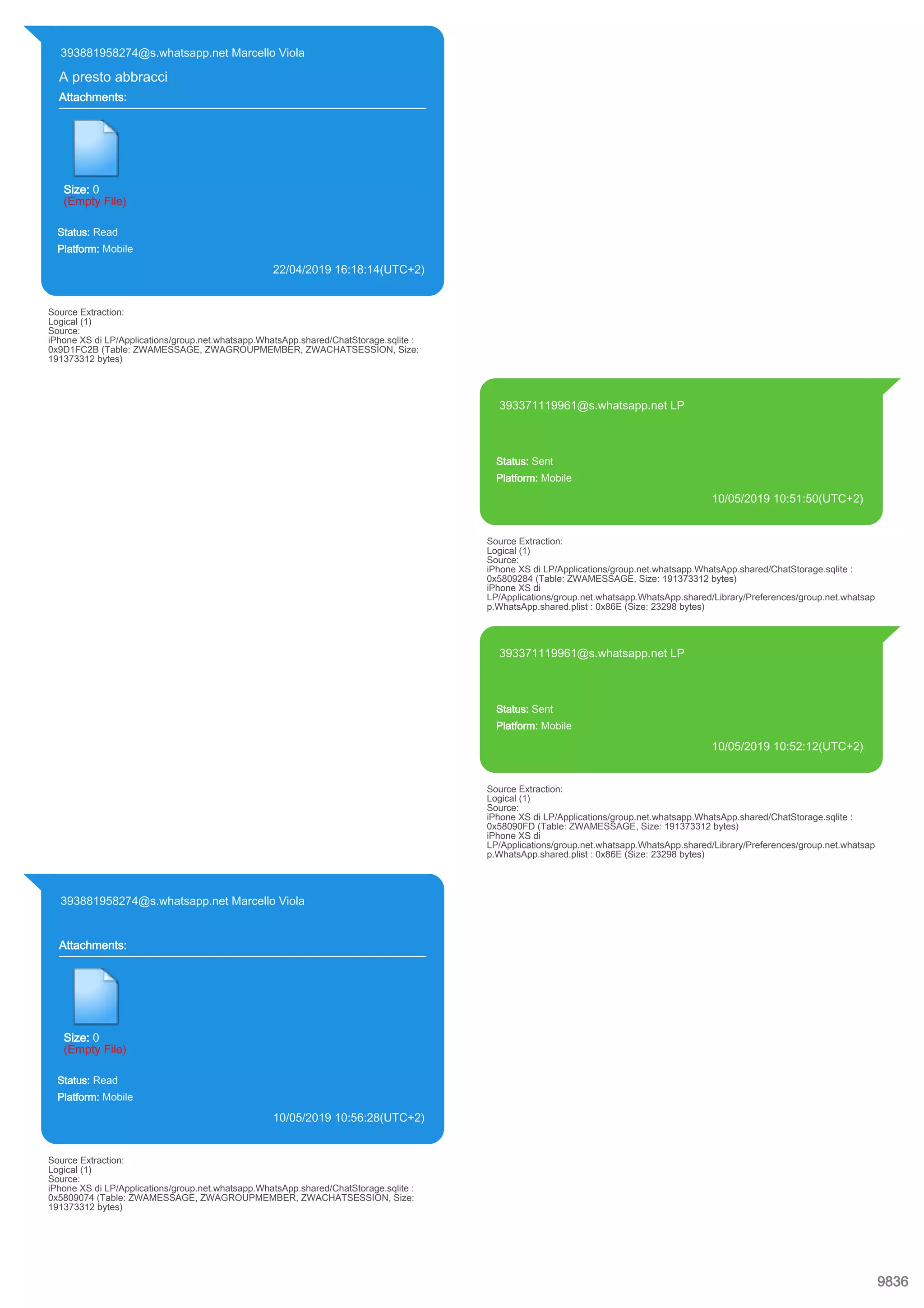 393881958274@s.whatsapp.net Marcello Viola
A presto abbracci
Attachments:
Size: 0
(Empty File)
Status: Read
Platform: Mobile
22/04/2019 16:18:14(UTC+2)
Source Extraction:
Logical (1)
Source:
iPhone XS di LP/Applications/group.net.whatsapp.WhatsApp.shared/ChatStorage.sqlite :
0x9D1FC2B (Table: ZWAMESSAGE, ZWAGROUPMEMBER, ZWACHATSESSION, Size:
191373312 bytes)
393371119961@s.whatsapp.net LP
Status: Sent
Platform: Mobile
10/05/2019 10:51:50(UTC+2)
Source Extraction:
Logical (1)
Source:
iPhone XS di LP/Applications/group.net.whatsapp.WhatsApp.shared/ChatStorage.sqlite :
0x5809284 (Table: ZWAMESSAGE, Size: 191373312 bytes)
iPhone XS di
LP/Applications/group.net.whatsapp.WhatsApp.shared/Library/Preferences/group.net.whatsap
p.WhatsApp.shared.plist : 0x86E (Size: 23298 bytes)
393371119961@s.whatsapp.net LP
Status: Sent
Platform: Mobile
10/05/2019 10:52:12(UTC+2)
Source Extraction:
Logical (1)
Source:
iPhone XS di LP/Applications/group.net.whatsapp.WhatsApp.shared/ChatStorage.sqlite :
0x58090FD (Table: ZWAMESSAGE, Size: 191373312 bytes)
iPhone XS di
LP/Applications/group.net.whatsapp.WhatsApp.shared/Library/Preferences/group.net.whatsap
p.WhatsApp.shared.plist : 0x86E (Size: 23298 bytes)
393881958274@s.whatsapp.net Marcello Viola
Attachments:
Size: 0
(Empty File)
Status: Read
Platform: Mobile
10/05/2019 10:56:28(UTC+2)
Source Extraction:
Logical (1)
Source:
iPhone XS di LP/Applications/group.net.whatsapp.WhatsApp.shared/ChatStorage.sqlite :
0x5809074 (Table: ZWAMESSAGE, ZWAGROUPMEMBER, ZWACHATSESSION, Size:
191373312 bytes)
9836
 