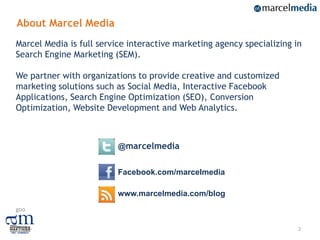 About Marcel Media
Marcel Media is full service interactive marketing agency specializing in
Search Engine Marketing (SEM).

We partner with organizations to provide creative and customized
marketing solutions such as Social Media, Interactive Facebook
Applications, Search Engine Optimization (SEO), Conversion
Optimization, Website Development and Web Analytics.



                          @marcelmedia


                          Facebook.com/marcelmedia

                          www.marcelmedia.com/blog
goo


                                                                        2
 