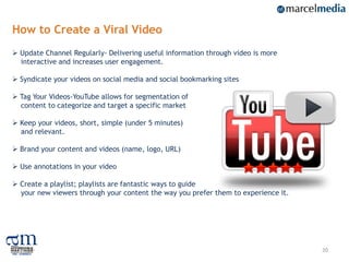 How to Create a Viral Video
 Update Channel Regularly- Delivering useful information through video is more
  interactive and increases user engagement.

 Syndicate your videos on social media and social bookmarking sites

 Tag Your Videos-YouTube allows for segmentation of
  content to categorize and target a specific market

 Keep your videos, short, simple (under 5 minutes)
  and relevant.

 Brand your content and videos (name, logo, URL)

 Use annotations in your video

 Create a playlist; playlists are fantastic ways to guide
  your new viewers through your content the way you prefer them to experience it.




                                                                                    20
 