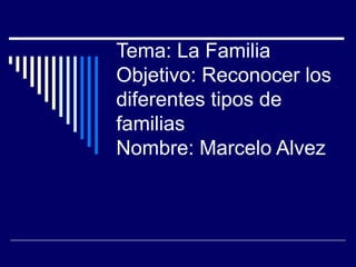 Tema: La Familia
Objetivo: Reconocer los
diferentes tipos de
familias
Nombre: Marcelo Alvez
 