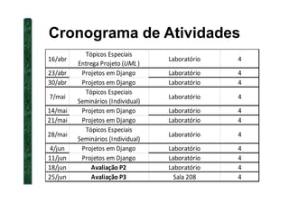 16/abr
Tópicos Especiais
Entrega Projeto (UML )
Laboratório 4
23/abr Projetos em Django Laboratório 4
30/abr Projetos em Django Laboratório 4
7/mai
Tópicos Especiais
Seminários (Individual)
Laboratório 4
Cronograma de Atividades
Seminários (Individual)
14/mai Projetos em Django Laboratório 4
21/mai Projetos em Django Laboratório 4
28/mai
Tópicos Especiais
Seminários (Individual)
Laboratório 4
4/jun Projetos em Django Laboratório 4
11/jun Projetos em Django Laboratório 4
18/jun Avaliação P2 Laboratório 4
25/jun Avaliação P3 Sala 208 4
 
