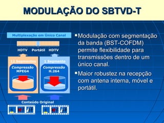 MODULAÇÃO DO SBTVD-T

Multiplexação em Único Canal      Modulação com segmentação
                                   da banda (BST-COFDM)
   HDTV   Portátil   HDTV          permite flexibilidade para
                                   transmissões dentro de um
12 Segmentos     1 Segmento
Compressão      Compressão
                                   único canal.
  MPEG4           H.264
                                  Maior robustez na recepção
                                   com antena interna, móvel e
                                   portátil.

     Conteúdo Original
 