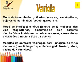 1

Modo de transmissão: gotículas de saliva, contato direto,
objetos contaminados (copos, garfos, etc.)

Modo de infecção: o vírus penetra pelas mucosas das
vias    respiratórias,    dissemina-se   pela    corrente
circulatória e instala-se na pele e mucosas, causando as
ulcerações características da doença.

Medidas de controle: vacinação com linhagem de vírus
atenuado (uma linhagem que ataca o gado bovino, isto é,
vacina de vírus vivos).
 