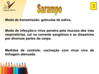 3

Modo de transmissão: gotículas de saliva.


Modo de infecção:o vírus penetra pela mucosa das vias
respiratórias, cai na corrente sangüínea e se dissemina
por diversas partes do corpo.


Medidas de controle: vacinação com vírus vivo de
linhagem atenuada.
 