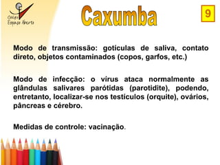 9


Modo de transmissão: gotículas de saliva, contato
direto, objetos contaminados (copos, garfos, etc.)


Modo de infecção: o vírus ataca normalmente as
glândulas salivares parótidas (parotidite), podendo,
entretanto, localizar-se nos testículos (orquite), ovários,
pâncreas e cérebro.

Medidas de controle: vacinação.
 