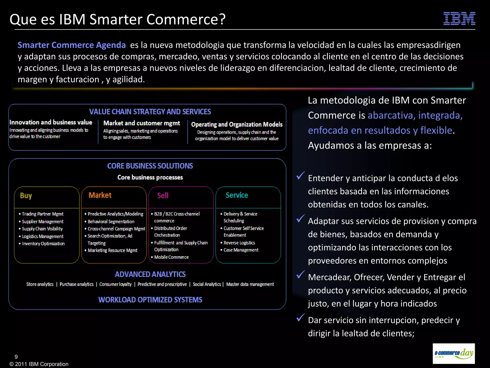 Que es IBM Smarter Commerce?
   Smarter Commerce Agenda es la nueva metodologia que transforma la velocidad en la cuales las empresasdirigen
   y adaptan sus procesos de compras, mercadeo, ventas y servicios colocando al cliente en el centro de las decisiones
   y acciones. Lleva a las empresas a nuevos niveles de liderazgo en diferenciacion, lealtad de cliente, crecimiento de
   margen y facturacion , y agilidad.

                                                                              La metodologia de IBM con Smarter
                                                                              Commerce is abarcativa, integrada,
                                                                              enfocada en resultados y flexible.
                                                                              Ayudamos a las empresas a:

                                                                            Entender y anticipar la conducta d elos
                                                                              clientes basada en las informaciones
                                                                              obtenidas en todos los canales.
                                                                            Adaptar sus servicios de provision y compra
                                                                              de bienes, basados en demanda y
                                                                              optimizando las interacciones con los
                                                                              proveedores en entornos complejos
                                                                            Mercadear, Ofrecer, Vender y Entregar el
                                                                              producto y servicios adecuados, al precio
                                                                              justo, en el lugar y hora indicados
                                                                            Dar servicio sin interrupcion, predecir y
                                                                              dirigir la lealtad de clientes;

  9
© 2011 IBM Corporation
 