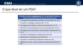 O que deve ter um PDA?
Checklist de pontos obrigatórios para a classificação de PDAs no
Painel de Monitoramento de Dados A...
