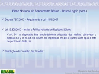 Decreto 7217/2010 – Regulamenta a Lei 11445/2007 Lei 12.305/2010 – Institui a Política Nacional de Resíduos Sólidos Art. 54.  A disposição final ambientalmente adequada dos rejeitos, observado o disposto no § 1 o  do art. 9 o , deverá ser implantada em até 4 (quatro) anos após a data de publicação desta Lei.  Resoluções do Conselho das Cidades Plano Nacional de Saneamento Básico – Bases Legais (cont.) 