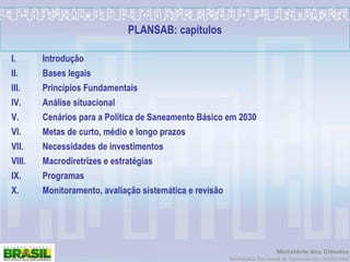 PLANSAB: capítulos Introdução Bases legais  Princípios Fundamentais Análise situacional Cenários para a Política de Saneamento Básico em 2030 Metas de curto, médio e longo prazos Necessidades de investimentos Macrodiretrizes e estratégias Programas Monitoramento, avaliação sistemática e revisão 