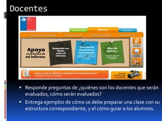 Docentes




  Responde preguntas de ¿quiénes son los docentes que serán
   evaluados, cómo serán evaluados?
  Entrega ejemplos de cómo se debe preparar una clase con su
   estructura correspondiente, y el cómo guiar a los alumnos.
 