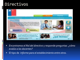 Directivos




 Encontramos el Rol del directivo y responde preguntas ¿cómo
  evalúo a los docentes?
 El tipo de Informe para el establecimiento entre otros.
 