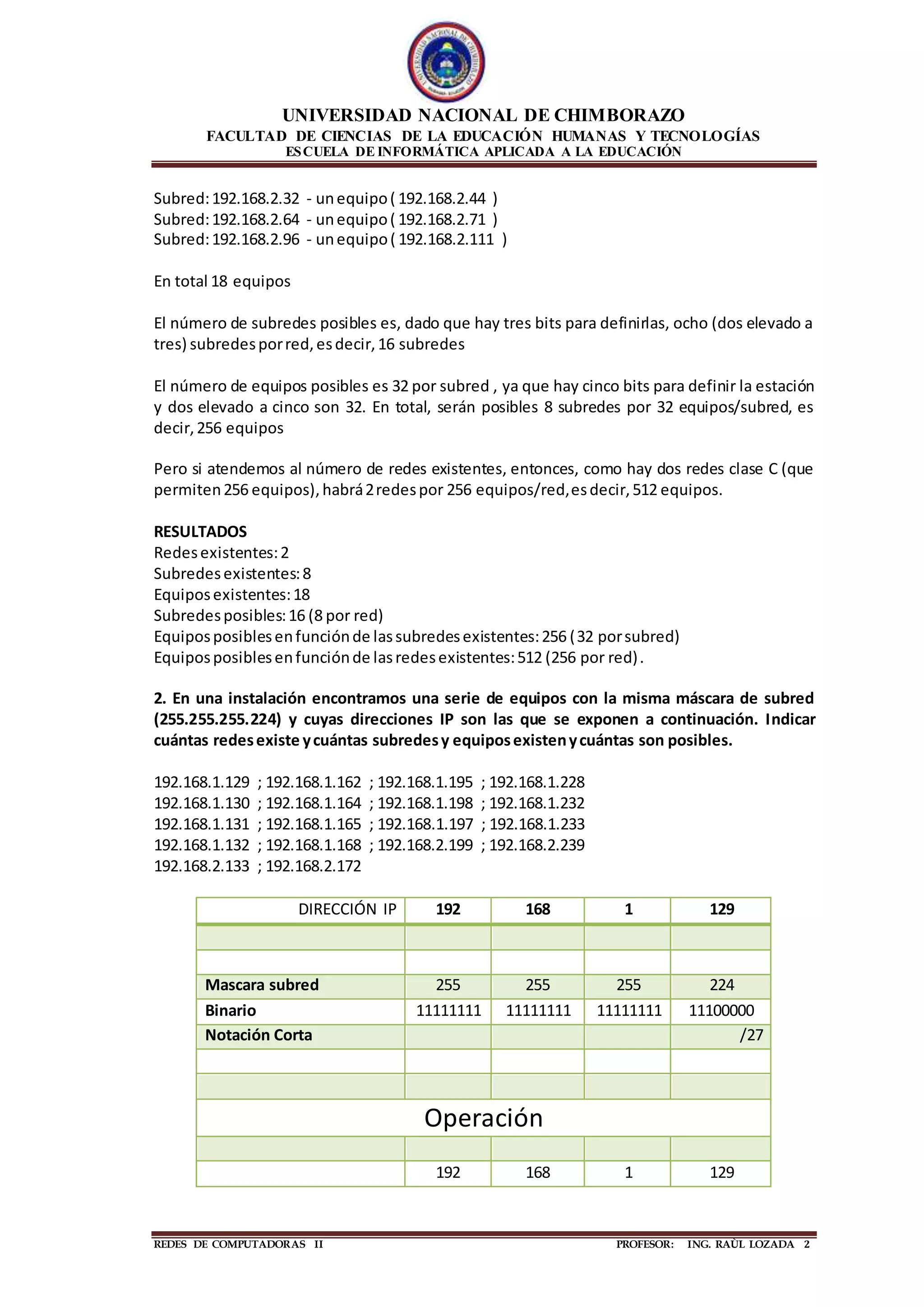 UNIVERSIDAD NACIONAL DE CHIMBORAZO
FACULTAD DE CIENCIAS DE LA EDUCACIÓN HUMANAS Y TECNOLOGÍAS
ESCUELA DE INFORMÁTICA APLICADA A LA EDUCACIÓN
REDES DE COMPUTADORAS II PROFESOR: ING. RAÙL LOZADA 2
Subred:192.168.2.32 - unequipo( 192.168.2.44 )
Subred:192.168.2.64 - unequipo( 192.168.2.71 )
Subred:192.168.2.96 - unequipo( 192.168.2.111 )
En total 18 equipos
El número de subredes posibles es, dado que hay tres bits para definirlas, ocho (dos elevado a
tres) subredesporred,esdecir,16 subredes
El número de equipos posibles es 32 por subred , ya que hay cinco bits para definir la estación
y dos elevado a cinco son 32. En total, serán posibles 8 subredes por 32 equipos/subred, es
decir,256 equipos
Pero si atendemos al número de redes existentes, entonces, como hay dos redes clase C (que
permiten256 equipos),habrá2redespor 256 equipos/red,esdecir,512 equipos.
RESULTADOS
Redesexistentes:2
Subredesexistentes:8
Equiposexistentes:18
Subredesposibles:16 (8 por red)
Equiposposiblesenfunciónde lassubredesexistentes:256 (32 porsubred)
Equiposposiblesenfunciónde lasredesexistentes:512 (256 por red).
2. En una instalación encontramos una serie de equipos con la misma máscara de subred
(255.255.255.224) y cuyas direcciones IP son las que se exponen a continuación. Indicar
cuántas redesexiste ycuántas subredesy equiposexistenycuántas son posibles.
192.168.1.129 ; 192.168.1.162 ; 192.168.1.195 ; 192.168.1.228
192.168.1.130 ; 192.168.1.164 ; 192.168.1.198 ; 192.168.1.232
192.168.1.131 ; 192.168.1.165 ; 192.168.1.197 ; 192.168.1.233
192.168.1.132 ; 192.168.1.168 ; 192.168.2.199 ; 192.168.2.239
192.168.2.133 ; 192.168.2.172
DIRECCIÓN IP 192 168 1 129
Mascara subred 255 255 255 224
Binario 11111111 11111111 11111111 11100000
Notación Corta /27
Operación
192 168 1 129
 
